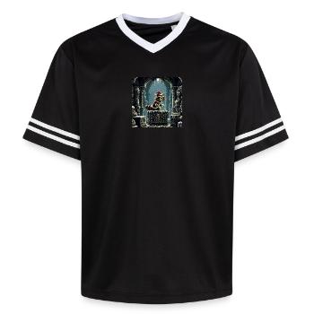 Winter Cat in Dungeon Magic - Unisex Football Style Mesh T-Shirt - offwhite/burgundy - Front - AI Model Male 178 light (178cm) & AI Model Male 178 dark (178cm)