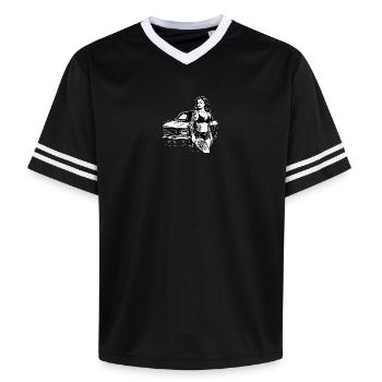 Tattoo pin-up and classic car - Unisex Football Style Mesh T-Shirt - offwhite/burgundy - Front - AI Model Male 178 light (178cm) & AI Model Male 178 dark (178cm)