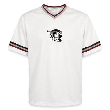 Lustiges Saarland Shirt: Hauptsach gudd gess - Unisex Football Style Mesh T-Shirt - Offwhite/Bordeaux - Vorne - AI Model Male 178 light (178cm) & AI Model Male 178 dark (178cm)