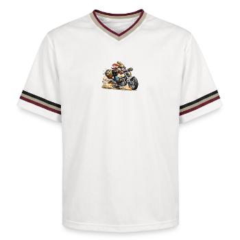 Osterhase auf Motorrad - Unisex Football Style Mesh T-Shirt - Offwhite/Bordeaux - Vorne - AI Model Male 178 light (178cm) & AI Model Male 178 dark (178cm)