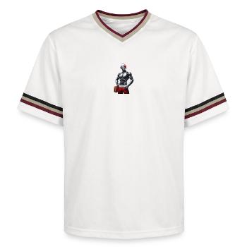 Cyber-robot mit Weihnachtsmütze und Geschenk - Unisex Football Style Mesh T-Shirt - Offwhite/Bordeaux - Vorne - AI Model Male 178 light (178cm) & AI Model Male 178 dark (178cm)