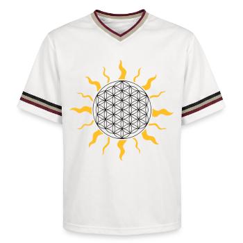The flower of life with sun, sunbeams - Unisex Football Style Mesh T-Shirt - offwhite/burgundy - Front - AI Model Male 178 light (178cm) & AI Model Male 178 dark (178cm)