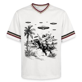 Jesus Dinosaur Fantasy Humor Religion Meme - Unisex Football Style Mesh T-Shirt - offwhite/burgundy - Front - AI Model Male 178 light (178cm) & AI Model Male 178 dark (178cm)