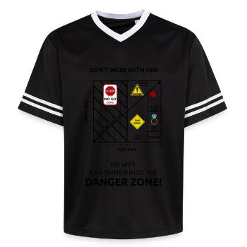 Danger Love Stop: Urban Romance Collage - Unisex Football Style Mesh T-Shirt - offwhite/burgundy - Front - AI Model Male 178 light (178cm) & AI Model Male 178 dark (178cm)