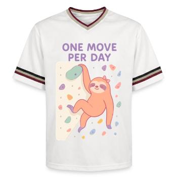 Sloth Bouldering: One Move Per Day Design - Unisex Football Style Mesh T-Shirt - offwhite/burgundy - Front - AI Model Male 178 light (178cm) & AI Model Male 178 dark (178cm)