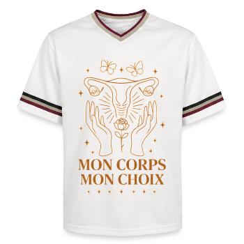 Mein Körper Meine Wahl Feminismus Freiheit - Unisex Football Style Mesh T-Shirt - Offwhite/Bordeaux - Vorne - AI Model Male 178 light (178cm) & AI Model Male 178 dark (178cm)