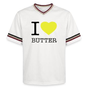 I LOVE BUTTER - Unisex Football Style Mesh T-Shirt - Offwhite/Bordeaux - Vorne - AI Model Male 178 light (178cm) & AI Model Male 178 dark (178cm)
