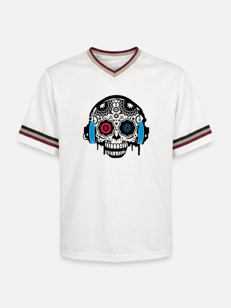 Sugar Skull mit Kopfhörer - Unisex Football Style Mesh T-Shirt - Offwhite/Bordeaux