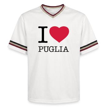I LOVE PUGLIA Apulia Italy Italy - Unisex Football Style Mesh T-Shirt - offwhite/burgundy - Front - AI Model Male 178 light (178cm) & AI Model Male 178 dark (178cm)