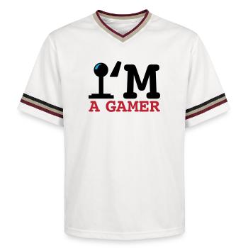 A Gamer Bold Typography - Unisex Football Style Mesh T-Shirt - offwhite/burgundy - Front - AI Model Male 178 light (178cm) & AI Model Male 178 dark (178cm)