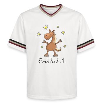 Pferd "Endlich 1." Erster Geburtstag - Unisex Football Style Mesh T-Shirt - Offwhite/Bordeaux - Vorne - AI Model Male 178 light (178cm) & AI Model Male 178 dark (178cm)