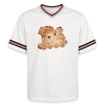 locomotive en pain d’épice décorée pour Noël - T-shirt de foot unisexe en mesh - blanc cassé/bordeaux - Devant - AI Model Male 178 light (178cm) & AI Model Male 178 dark (178cm)