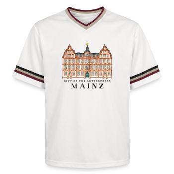 Mainz, City of Book Printing, Germany - Unisex Football Style Mesh T-Shirt - offwhite/burgundy - Front - AI Model Male 178 light (178cm) & AI Model Male 178 dark (178cm)