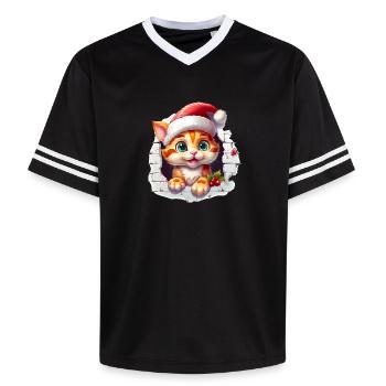 Cat with santa hat in the hole in the wall - Unisex Football Style Mesh T-Shirt - offwhite/burgundy - Front - AI Model Male 178 light (178cm) & AI Model Male 178 dark (178cm)