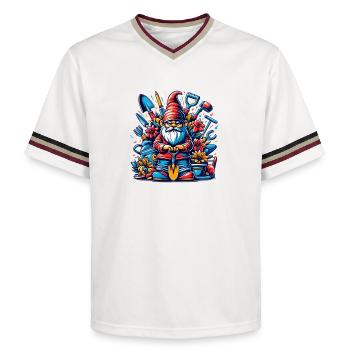 Bunter,grimmiger Gartenzwerg mit Blumen & Werkzeug - Unisex Football Style Mesh T-Shirt - Offwhite/Bordeaux - Vorne - AI Model Male 178 light (178cm) & AI Model Male 178 dark (178cm)