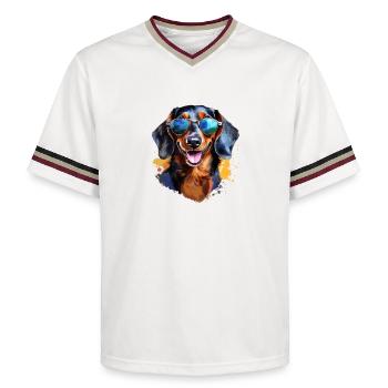 Dachshund with sunglasses - Unisex Football Style Mesh T-Shirt - offwhite/burgundy - Front - AI Model Male 178 light (178cm) & AI Model Male 178 dark (178cm)