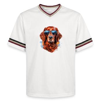 Irish Setter with Sunglasses - Unisex Football Style Mesh T-Shirt - offwhite/burgundy - Front - AI Model Male 178 light (178cm) & AI Model Male 178 dark (178cm)