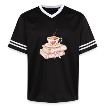 Liebe schlürfen: Kaffee und Bücher - Unisex Football Style Mesh T-Shirt - Schwarz/Weiß - Vorne - AI Model Female 172 light (172cm) & AI Model Male 185 light (185cm)
