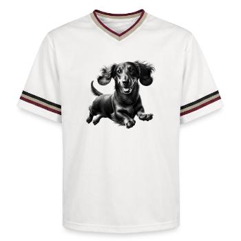 Cheerful dachshund in leap - black and white portrait - Unisex Football Style Mesh T-Shirt - offwhite/burgundy - Front - AI Model Male 178 light (178cm) & AI Model Male 178 dark (178cm)