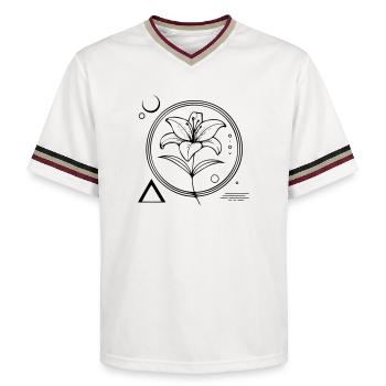 Florale Geometrie – Die Lilie als Symbol - Unisex Football Style Mesh T-Shirt - Offwhite/Bordeaux - Vorne - AI Model Male 178 light (178cm) & AI Model Male 178 dark (178cm)
