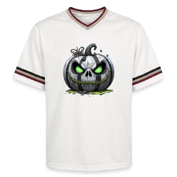 Grim Pumpkin Zombie with Green Eyes - Unisex Football Style Mesh T-Shirt - offwhite/burgundy - Front - AI Model Male 178 light (178cm) & AI Model Male 178 dark (178cm)