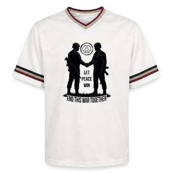 LET PEACE WIN - Unisex Football Style Mesh T-Shirt - offwhite/burgundy - Front - AI Model Male 178 light (178cm) & AI Model Male 178 dark (178cm)