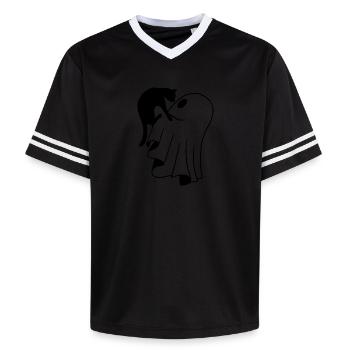 Ghost with Cat Sketch – Child-Friendly Halloween - Unisex Football Style Mesh T-Shirt - offwhite/burgundy - Front - AI Model Male 178 light (178cm) & AI Model Male 178 dark (178cm)