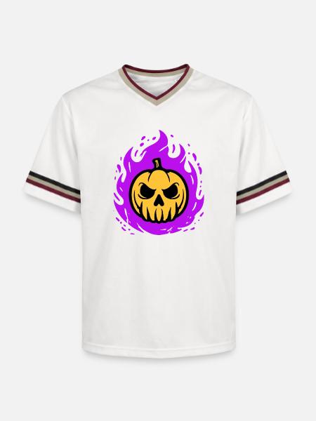 Orange pumpkin with purple flames - Unisex Football Style Mesh T-Shirt - offwhite/burgundy