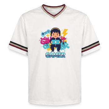 Gamer Kid with game pad and headphones - Unisex Football Style Mesh T-Shirt - offwhite/burgundy - Front - AI Model Male 178 light (178cm) & AI Model Male 178 dark (178cm)