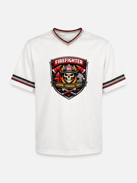 Firefighter Badge Skull Flames - Unisex Football Style Mesh T-Shirt - offwhite/burgundy