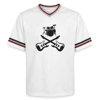 Drum Set and Crossed Guitars Rock Art - Unisex Football Style Mesh T-Shirt - offwhite/burgundy - Front - AI Model Male 178 light (178cm) & AI Model Male 178 dark (178cm)