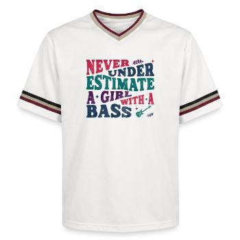 Never underestimate a girl with a bass - Unisex Football Style Mesh T-Shirt - offwhite/burgundy - Front - AI Model Male 178 light (178cm) & AI Model Male 178 dark (178cm)