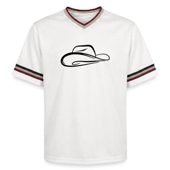 A sketch of a cowboy hat - Unisex Football Style Mesh T-Shirt - offwhite/burgundy - Front - AI Model Male 178 light (178cm) & AI Model Male 178 dark (178cm)