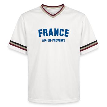 AIX-EN-PROVENCE FRANCE - Unisex Football Style Mesh T-Shirt - Offwhite/Bordeaux - Vorne - AI Model Male 178 light (178cm) & AI Model Male 178 dark (178cm)