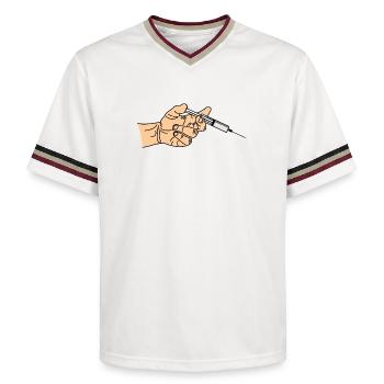 Syringe with coming out in hand - Unisex Football Style Mesh T-Shirt - offwhite/burgundy - Front - AI Model Male 178 light (178cm) & AI Model Male 178 dark (178cm)