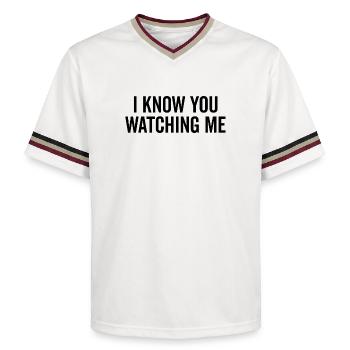 I Know You Watching Me - Unisex Football Style Mesh T-Shirt - offwhite/burgundy - Front - AI Model Male 178 light (178cm) & AI Model Male 178 dark (178cm)