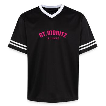 St. Moritz - Suisse - Switzerland - Swiss - Unisex Football Style Mesh T-Shirt - offwhite/burgundy - Front - AI Model Male 178 light (178cm) & AI Model Male 178 dark (178cm)