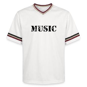 music as a stamp print design - Unisex Football Style Mesh T-Shirt - offwhite/burgundy - Front - AI Model Male 178 light (178cm) & AI Model Male 178 dark (178cm)