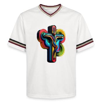 Vibrant Rainbow Cross Pop Art - Unisex Football Style Mesh T-Shirt - offwhite/burgundy - Front - AI Model Male 178 light (178cm) & AI Model Male 178 dark (178cm)
