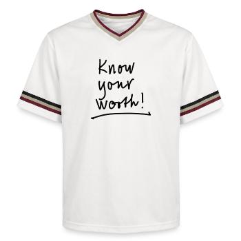 Know what you are worth - Unisex Football Style Mesh T-Shirt - offwhite/burgundy - Front - AI Model Male 178 light (178cm) & AI Model Male 178 dark (178cm)