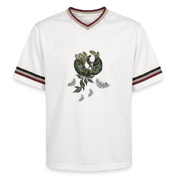Élégant paon aux couleurs vertes. - T-shirt de foot unisexe en mesh - blanc cassé/bordeaux - Devant - AI Model Male 178 light (178cm) & AI Model Male 178 dark (178cm)
