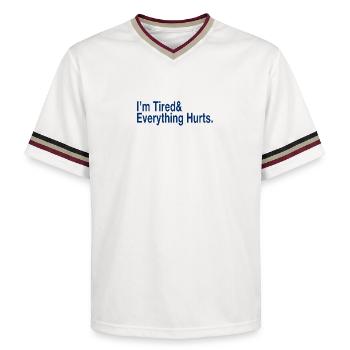 Relatable Fatigue Quote in Deep Blue - Unisex Football Style Mesh T-Shirt - offwhite/burgundy - Front - AI Model Male 178 light (178cm) & AI Model Male 178 dark (178cm)