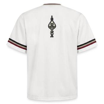 Avi Collection – Skulls & Flame - Unisex Football Style Mesh T-Shirt - offwhite/burgundy - Back - AI Model Male 178 dark (178cm)