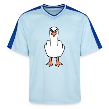 Möwe Mittelfinger Beleidigung Stinkefinger frech - Unisex Football Style Mesh T-Shirt - Hellblau/Dunkelblau - Vorne - AI Model Female 172 light (172cm) & AI Model Male 178 dark (178cm)