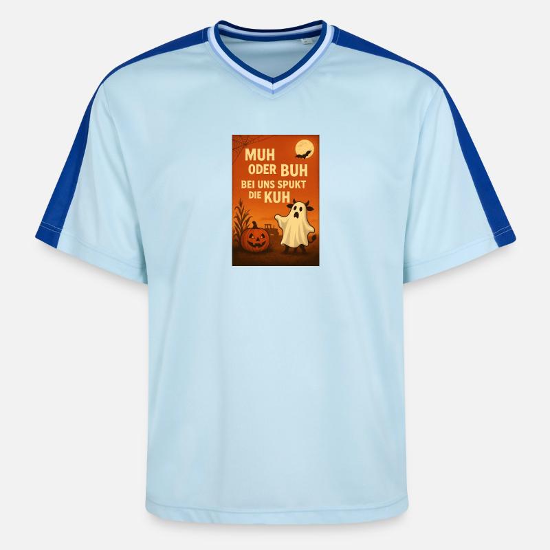 Spukkuh Halloween: MuH oder Buh - Unisex Football Style Mesh T-Shirt - Hellblau/Dunkelblau