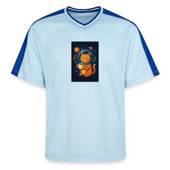 Chat en combinaison spatiale buvant du café - T-shirt de foot unisexe en mesh - bleu clair/bleu foncé - Devant - AI Model Female 172 light (172cm) & AI Model Male 178 dark (178cm)