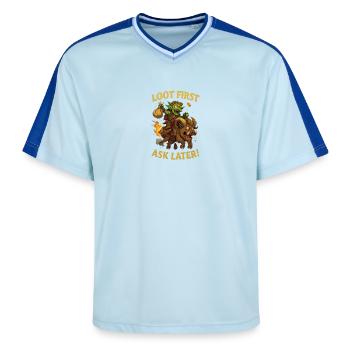 Loot First, Ask Later - Unisex Football Style Mesh T-Shirt - Hellblau/Dunkelblau - Vorne - AI Model Female 172 light (172cm) & AI Model Male 178 dark (178cm)