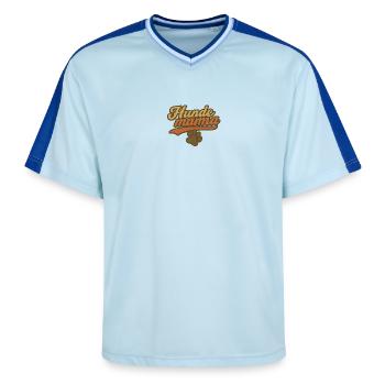 Hundemama Vintage Pfoten - Unisex Football Style Mesh T-Shirt - Hellblau/Dunkelblau - Vorne - AI Model Female 172 light (172cm) & AI Model Male 178 dark (178cm)