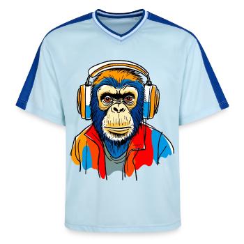 Monkey with headphones - Unisex Football Style Mesh T-Shirt - light blue/dark blue - Front - AI Model Female 172 light (172cm) & AI Model Male 178 dark (178cm)