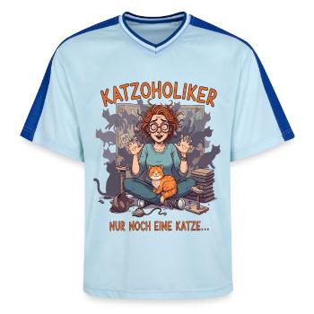 Katzoholiker Nur noch eine Katze - Lustiger Spruch - Unisex Football Style Mesh T-Shirt - light blue/dark blue - Front - AI Model Female 172 light (172cm) & AI Model Male 178 dark (178cm)